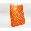 Shopper in plastica HDPE arancione con fantasia Pois bianchi, maniglia fustellata a fagiolo, confezione da 5 kg.