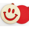 Etichetta tag in legno naturale-rosso con disegno "Smile" diametro 5cm, confezione da 6 pezzi