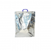 Borsina termica in polipropilene accoppiato termico con maniglia in plastica bianca o blu, interno colore bianco ed esternamente argento metallizzato vendita a confezione da 10 pezzi