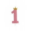 Candelina numero 1 rosa glitter con corona oro, altezza 9.5cm
