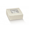 Scatola base quadrata con finestra trasparente in cartoncino effetto pelle bianco perlato, 10x10x4 cm, confezione da 10 pezzi
