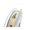 Fettuccia di lino panna con scritta "Oliva"e bordino verde, altezza 15 mm, lunghezza 20 metri