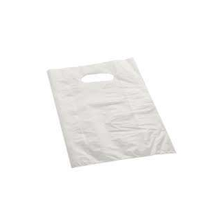Shopper in plastica LDPE bianco, con maniglia fustellata a fagiolo, confezione da 5 kg.