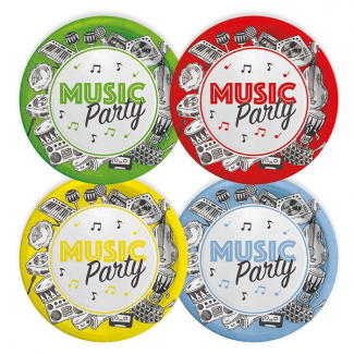 Piatto piano in cartoncino fantasia "Music party", diametro 18 cm, confezione da 8 pezzi