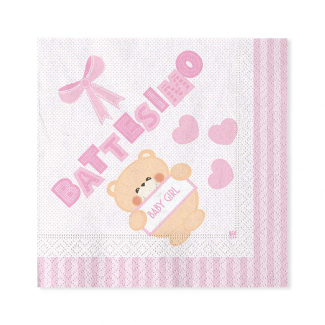 Tovagliolo carta fantasia "Battesimo" con orsetto rosa, confezione da 20 pezzi