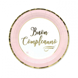Piatto in cartoncino con scritta "Buon compleanno" chic rosa, confezione da 8 pezzi
