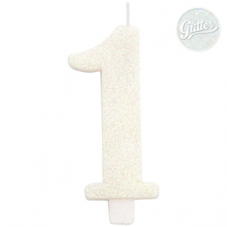 Candela numero bianco glitter con supporto, altezza 9.5cm