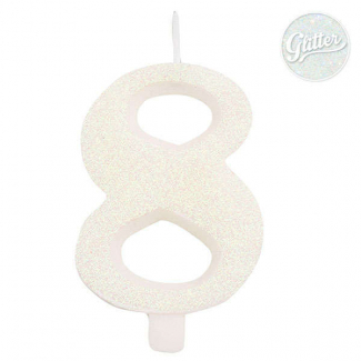 Candela numero bianco glitter con supporto, altezza 9.5cm