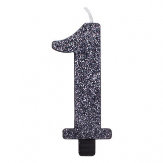 Candela numero nero glitter con supporto, altezza 9.5cm