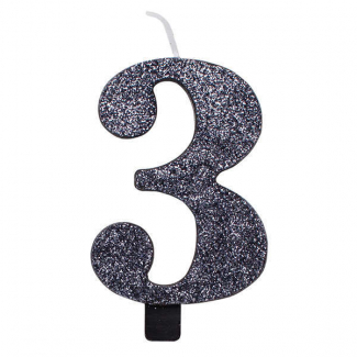 Candela numero nero glitter con supporto, altezza 9.5cm