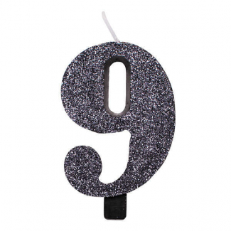 Candela numero nero glitter con supporto, altezza 9.5cm