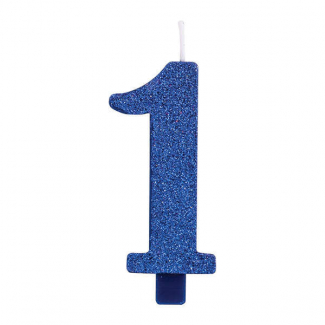 Candela numero blu glitter con supporto, altezza 9.5cm