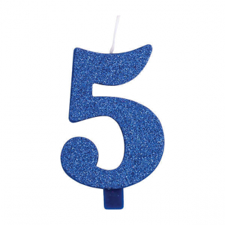 Candela numero blu glitter con supporto, altezza 9.5cm