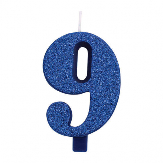 Candela numero blu glitter con supporto, altezza 9.5cm