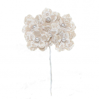 Fiore in tessuto ècru con pizzo e perla, diametro 30mm, confezione da 72 pezzi