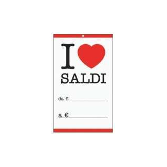 Cartellino bianco con scritta "i love saldi",  6x10cm, confezione da 50 pezzi
