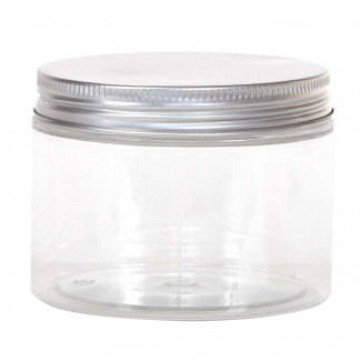Barattolo contenitore trasparente in PET, fondo rotondo diametro 10cm, con tappo color alluminio