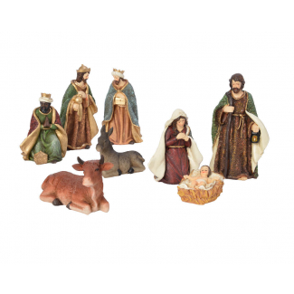 Natività in poliresina dipinta, altezza 20 cm, set da 8 pezzi