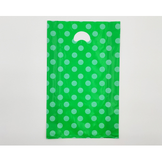 Shopper in plastica HDPE verde con fantasia "Pois" bianchi, maniglia fustellata a fagiolo, confezione da 5 kg.