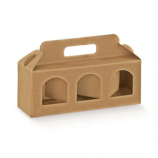 Scatola porta 3 vasetti con finestra in cartone onda avana, confezione da 10 pezzi, vari formati