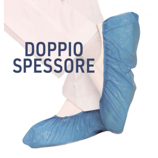 Copriscarpe in plastica cpe blu a doppio spessore confezione da 100 pezzi