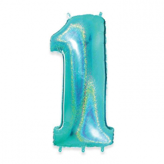 Palloncino sagomato a numero, colore acqua marina glitter, altezza 102 cm