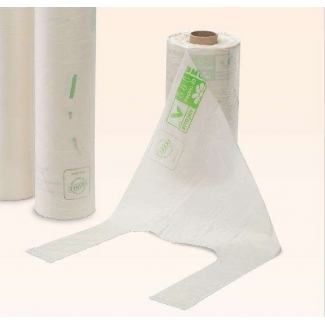 Sacchetto biodegradabile mater-bi t-shirt a strappo 30+20x60 cm. rotolo da 125 pezzi