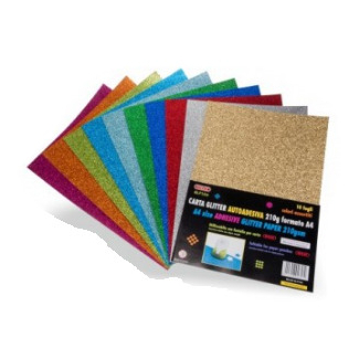 Fogli carta glitterata adesiva, formato A4, 210gr/mq, tinta unita in confezione da 10 pezzi