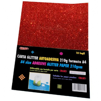 Fogli carta glitterata adesiva, formato A4, 210gr/mq, tinta unita in confezione da 10 pezzi
