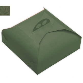 Scatola torta quadrata fantasia damascata verde con maniglia, confezione da 25 pezzi