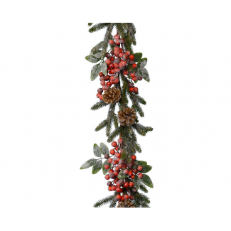 Festone di pino brinato con bacche e pigne, lunghezza 176 cm