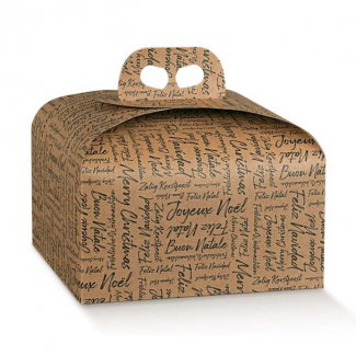 Scatola porta panettone in cartone avana con scritte nere e maniglia, cartone da 50 pezzi, vari formati