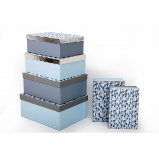 Set scatole regalo con alberi di Natale azzurro e argento, forma rettangolare, confezione da 6 pezzi