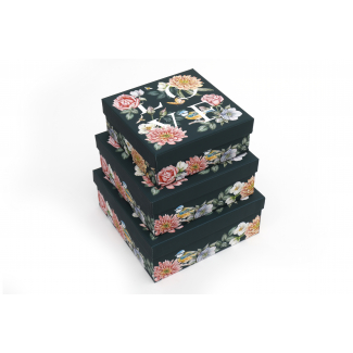 Scatola quadrata "Love" con fiori, 20x20 cm, altezza 8 cm, set da 3 pezzi