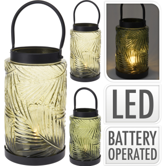 Lanterna in vetro col led a batteria, altezza 26 cm, colori assortiti
