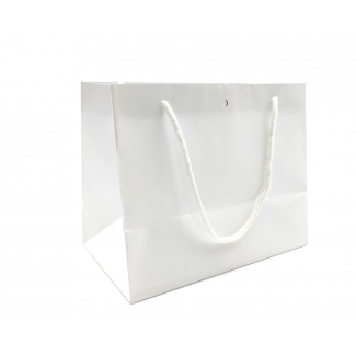 Shopper bianco plastificato opaco con foro e tag, maniglia in cordone cotone