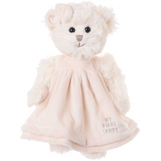 Orso my first teddy "Theodora" bianco con abito e fascia in velluto panna, altezza 30 cm