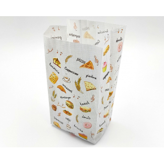 Sacchetto in carta politenata antiunto, fantasia "Snack-stuzzicchini", cartone da 10 kg.