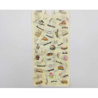 Sacchetto in carta politenata antiunto, fantasia "snack-stuzzicchini", cartone da 10 kg.