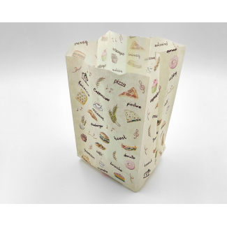 Sacchetto in carta politenata antiunto, fantasia "Snack-stuzzicchini", cartone da 10 kg.