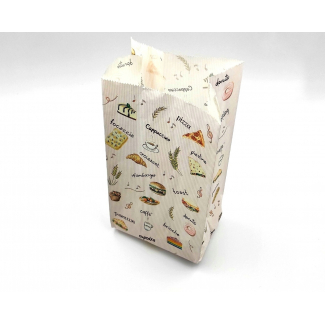 Sacchetto in carta politenata antiunto, fantasia "Snack-stuzzicchini", cartone da 10 kg.