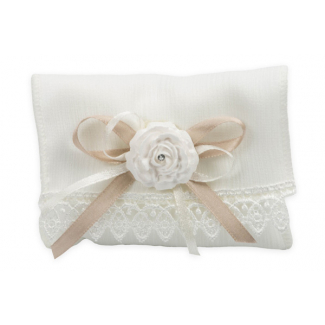 Bustina in tessuto crépe con macramè panna, 11x8 cm, confezione da 10 pezzi