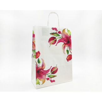 Shopper in kraft fantasia "Fiori fiji" con maniglia ritorta