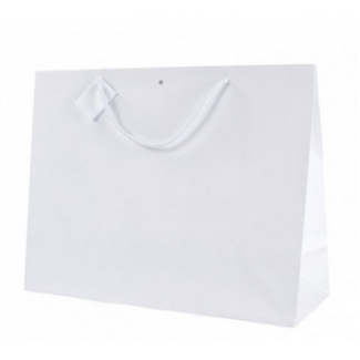 Shopper bianco plastificato opaco con foro e tag, maniglia in cordone cotone