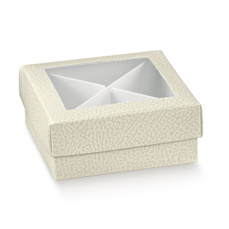 Scatola base quadrata con coperchio finestra trasparente in cartoncino texture bianco perlato