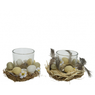 Portacandela in vetro con base decorata, diametro 10 cm, altezza 12 cm