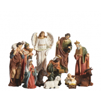 Natività in poliresina dipinta, altezza 29.5 cm, set da 11 pezzi