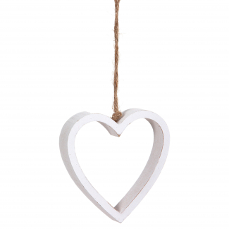 Cuore in legno bianco "Shabby" con cordino intrecciato, formato 10x10cm, confezione da 12 pezzi