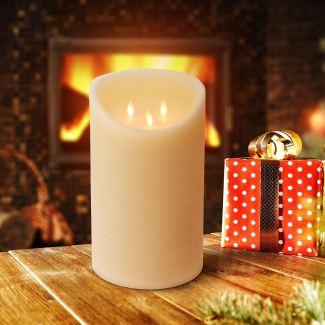 Candela "Rustic" in cera  Avorio con 3 led a luce calda, 3 fiamme in movimento, a batteria, diametro 15 cm, uso interno