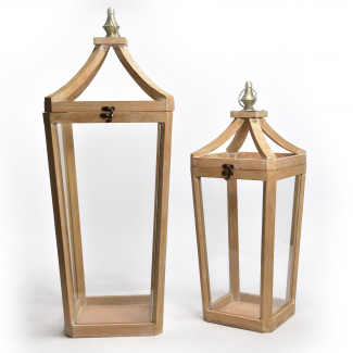 Lanterna quadrata svasata in legno naturale, 28x28 cm, altezza 74 cm